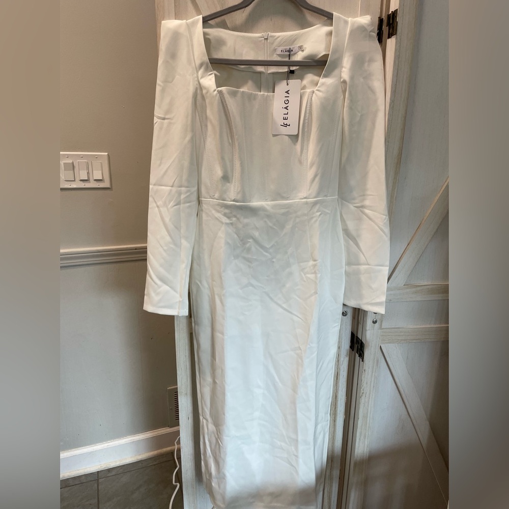 Elegant Elagia White Long Sleeve Dress- New with Tags!